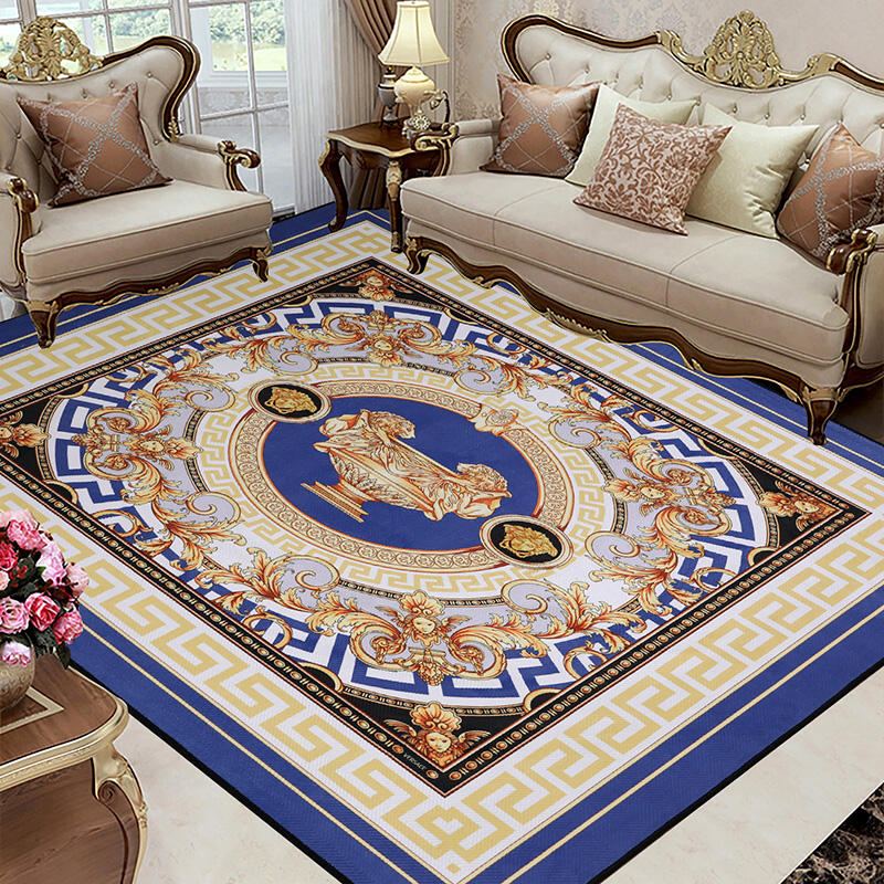 Rectangle blue versace style printed velvet play rug